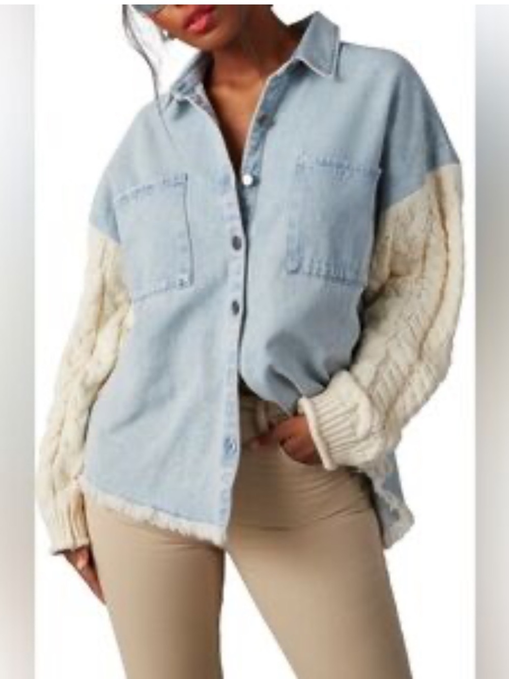 NWT Blu Pepper Denim and Cable Knit Mixed Media Shacket (Shirt Jacket), Sz: L - Picture 1 of 11